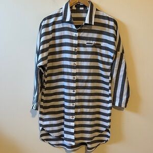 Zanzea Black & White Horizontal Striped Button-Down Beach Coverup Dress